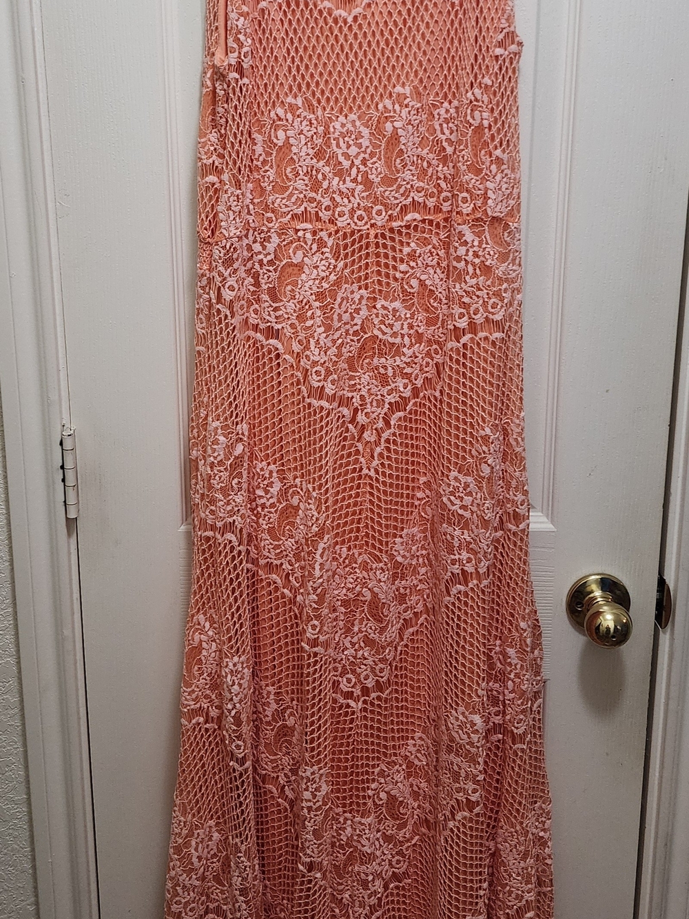 Reba Peach Lace Overlay Maxi Dress Size Medium Boho Sleeveless - Picture 2 of 12